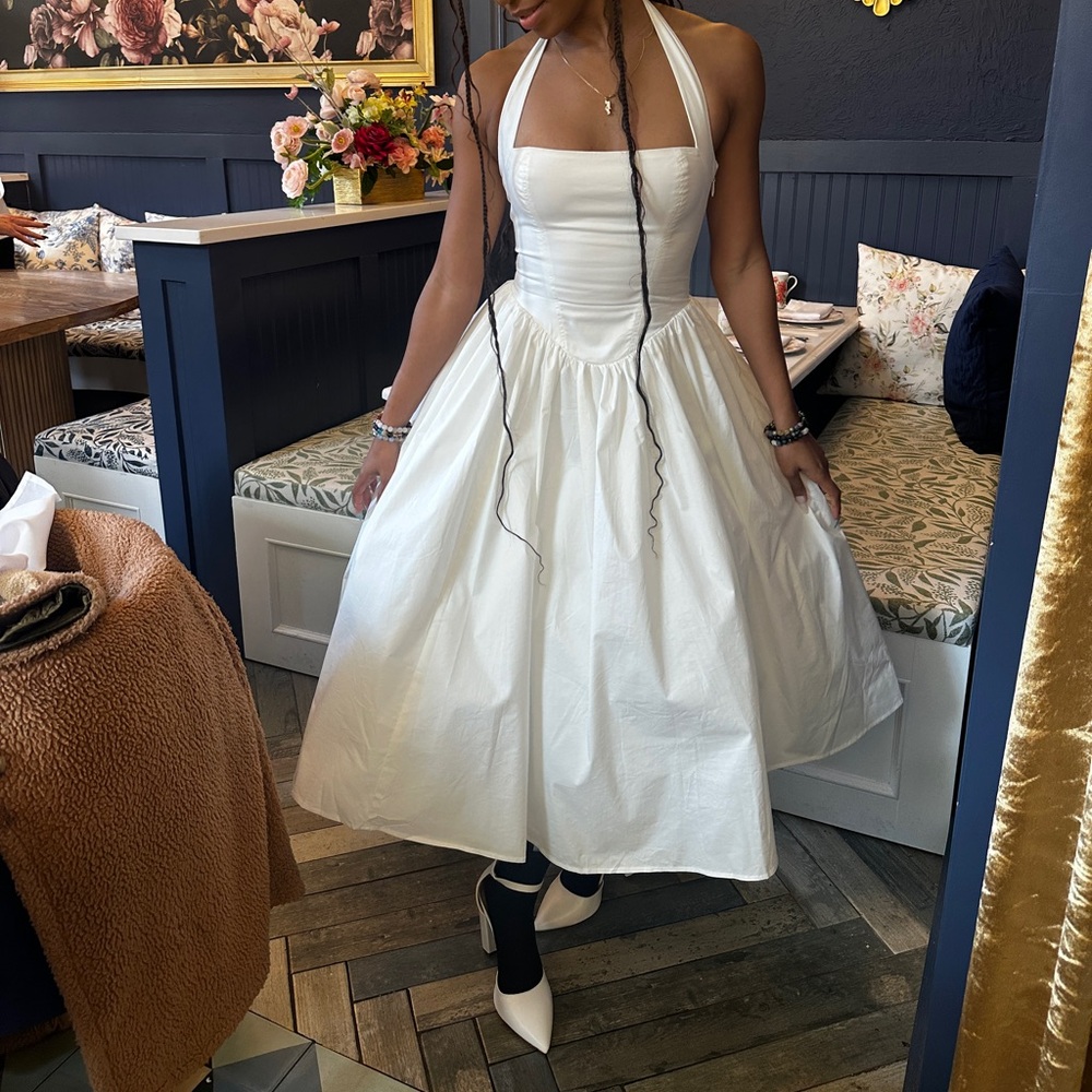 White Pleated Halter Midi Dress
